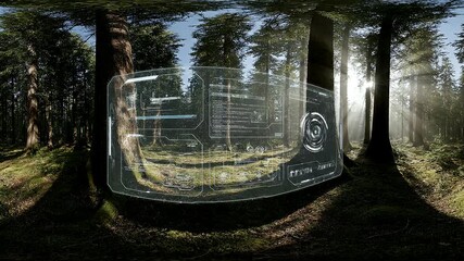 360 VR: Futuristic Holographic HUD Display in Lush Forest with Sunlight Rays