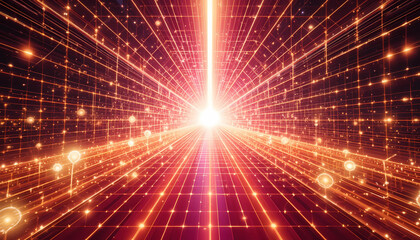 Obraz premium Abstract perspective of a grid structure with bright light at the vanishing point in the distance