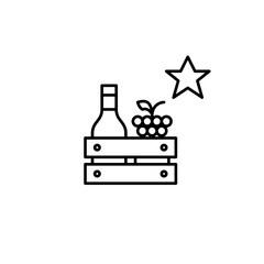 Bottle, grapes in wooden crate and star. Premium farmer's wine. Selected choice, high quality. Pixel perfect, editable stroke vector icon