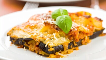 Healthy diet recipe of baked eggplant lasagna with fresh basil and melted cheese