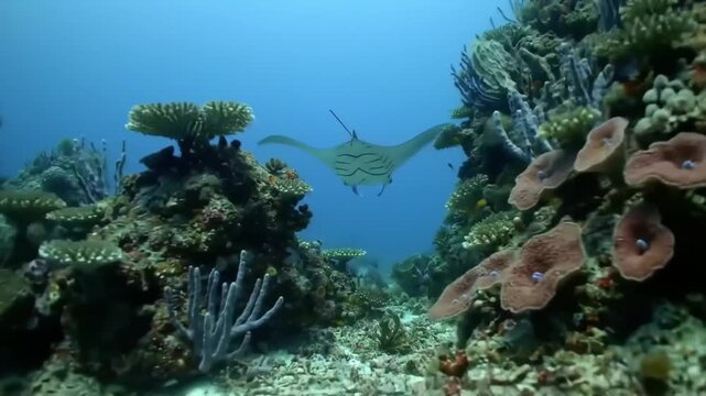 Underwater coral reef scene with stingray