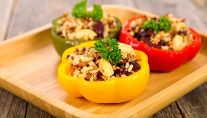 A close-up of colorful stuffed bell peppers, a delicious and healthy vegetarian diet option on a wooden plate