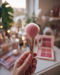 Soft pink makeup brush held delicately in hand, surrounded by dreamy, softly lit background filled with beauty products and greenery, creating serene and inviting atmosphere