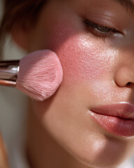 Soft dreamy editorial shot featuring close up of person applying blush with brush, highlighting radiant skin and natural makeup look. gentle application evokes sense of beauty and care