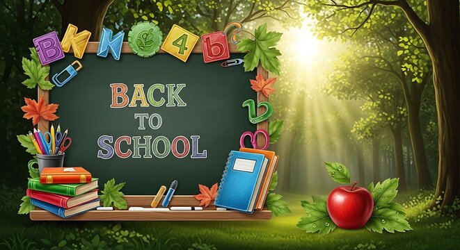 Back to school themed illustration with chalkboard books and apple in a forest setting