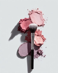 Minimalist artistic composition featuring blush palettes arranged with makeup brush, showcasing soft pink and purple hues. shadows create visually appealing contrast, evoking creativity and beauty