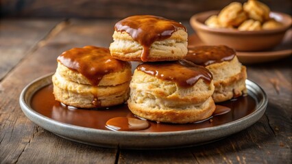 Delicious golden-brown biscuits drenched in rich savory gravy, presented on a rustic plate
