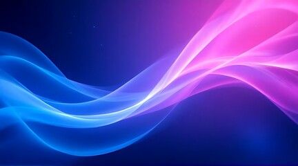 Dynamic glowing waves of vibrant blue and pink light flow across a dark, starry cosmic background creating an ethereal, modern abstract.