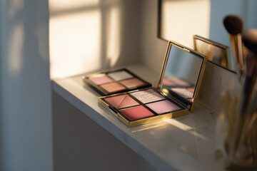 Realistic cosmetic collection featuring blush palettes, highlighting elegant design and soft colors. warm sunlight enhances beauty of products, creating serene atmosphere