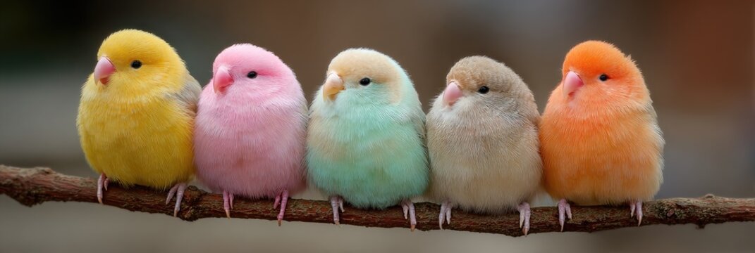 Fluffy, colorful birds perched on a branch