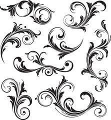 Assortment of black floral swirls and decorative flourishes on a white background scroll element