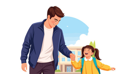 Adobe Illustrator artwork vector illustration of a father holding hands with his happy daughter in front of a school building, symbolizing education, care, and family bonding in flat cartoon style