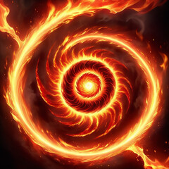 Abstract swirling vortex of intense fiery orange and yellow flames with smoke, creating a dynamic energetic cosmic phenomenon