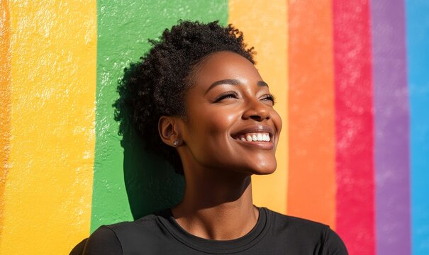Inclusive image of a candid, happy, confident gay Black female woman smiling in the sunshine against a rainbow wall background. This concept reflects Pride business marketing, Generative AI