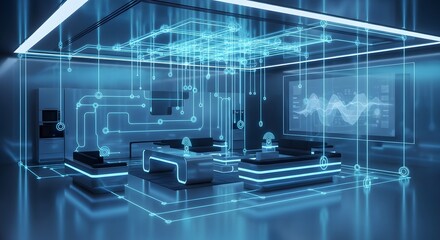 Futuristic smart home interior with glowing blue digital network connections