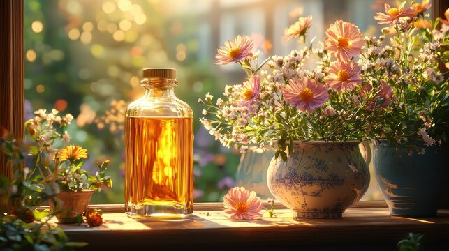 Golden elixir by window flowers