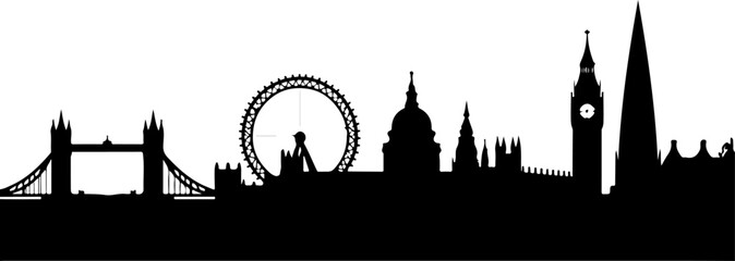 Fototapeta premium London tower silhouette, skyline, silhouette, city, architecture, vector, building, london, tower, europe, travel, cityscape, landmark, illustration, urban, church, town, paris, black, sky, view, buil