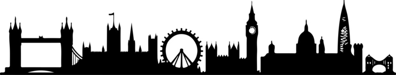 Fototapeta premium London tower silhouette, skyline, silhouette, city, architecture, vector, building, london, tower, europe, travel, cityscape, landmark, illustration, urban, church, town, paris, black, sky, view, buil