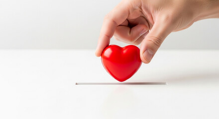 A person's hand gently placing a small red heart on a white surface, perfect for illustrating concepts of giving, care, or a small act of kindness