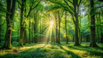 Obraz premium Sunlit Forest Canopy A Serene Springtime Scene of Lush Green Trees and Sunlight Beams Piercing Through the Leaves onto a Wildflower Meadow