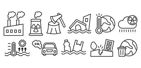 Naklejka premium Global Warming Line Icon A Collection of Environmental, Pollution, Factory, Flooding, Climate, Ecology, Symbol Vector Design Icons Illustration Collections Sets