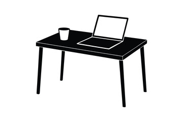 Silhouette design illustration of a modern office desk with a laptop and coffee mug.eps