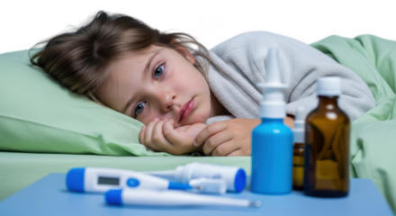 Sick child in bed with medicine and thermometer isolated on transparent background