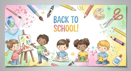 Watercolor back to school banner with children painting and doing crafts and school supplies around