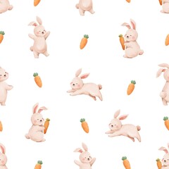 Rabbit with carrot watercolor seamless pattern on white background. Animal concept for banner, wallpaper, cover, wrapping paper design