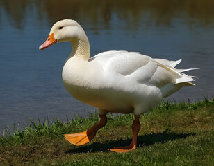 Fototapeta premium Running a white duck animal, a goose bird.
