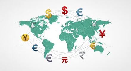 Naklejka premium Global Financial Network: Major World Currencies Orbiting a Teal Earth Map