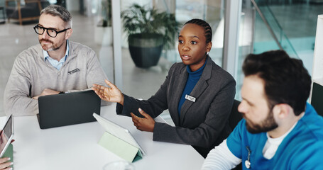 Doctors, nurses and meeting with tablet in clinic for medical results, surgery schedule and update....