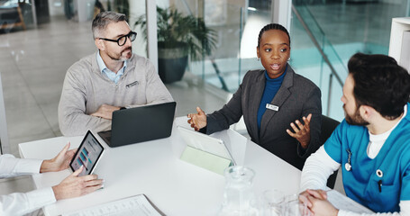 Doctors, nurses and discussion with tablet in clinic for medical results, health stats or feedback. Above, people or medicine team with screen for hospital budget, surgery planning or healthcare cost