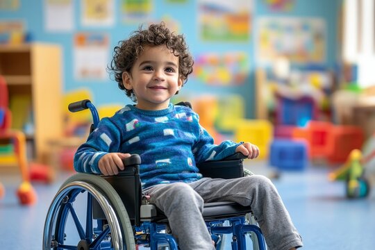 Inclusivity image of a young disabled child in a wheelchair with special needs, playing and learning at a rehabilitation daycare for handicapped children. The scene showcases diversity, Generative AI - Powered by Adobe