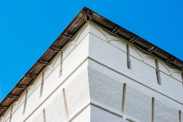 Corner of a square fortress tower of the Orthodox monastery in Borovsk, Russia