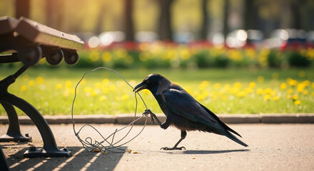 Crow holding wire in beak on pavement near park bench. Urban bird intelligence adapting to city park for coexistence awareness campaigns