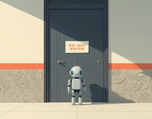 An adorable robot stands in front of a closed door with a "Do Not Enter" sign. A symbolic illustration representing robots.txt, crawl blocking, or restricted website access settings.