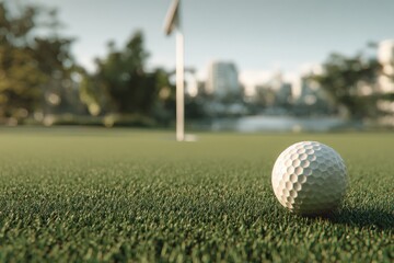 Golf ball on a manicured green, city in the background.  Soft sunlight.  Focus on the ball