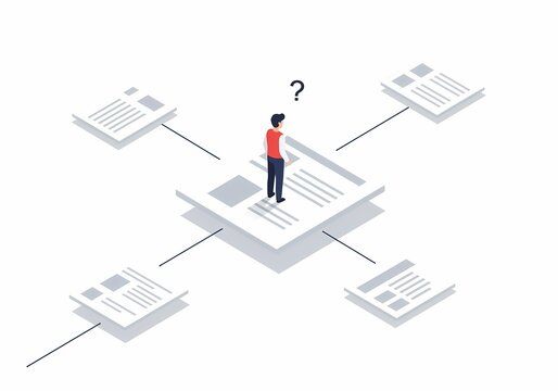 An indecisive person stands on a document platform, surrounded by multiple options with a question mark above. Flat isometric illustration symbolizing blog planning confusion.