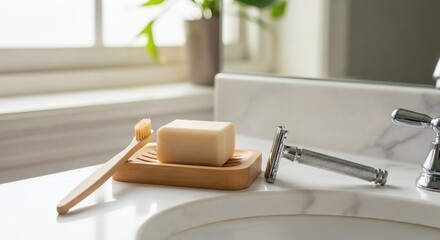 Close-up of bathroom counter with grooming tools, soap, and a toothbrush.