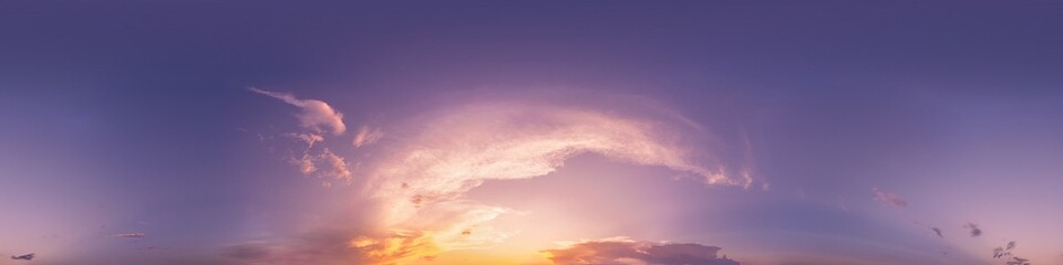 360 panorama of glowing sunset sky with bright Cirrus clouds. Seamless hdr spherical 360 panorama. Sky dome in 3D visualization, sky replacement for aerial drone panoramas. Weather and climate change