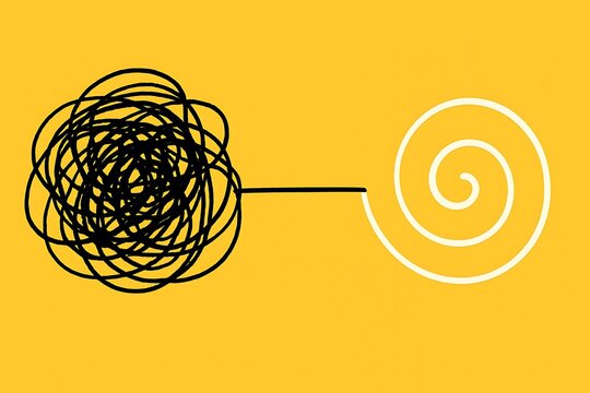 Visual metaphor representing problem-solving, moving from chaos to clarity on a yellow background.