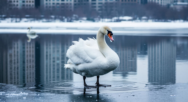 Swan standing on frozen lake with urban buildings reflection. Waterfowl winter adaptation to city water bodies for coexistence awareness campaigns