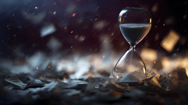 Hourglass amidst swirling calendar pages in a wintry scene