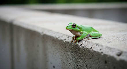 Green tree frog sitting on concrete surface in urban environment. Amphibian adaptation to city infrastructure for coexistence awareness campaigns