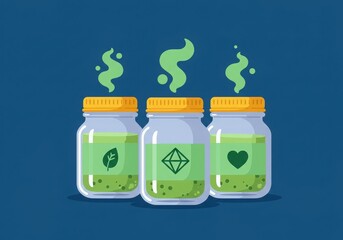 Obraz premium Three glass jars with green liquid and symbols for health and danger