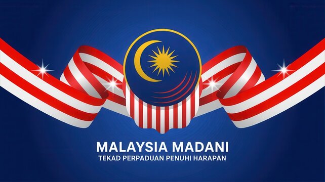 Malaysia Madani patriotic design featuring flag elements and vibrant ribbons with a dynamic feel