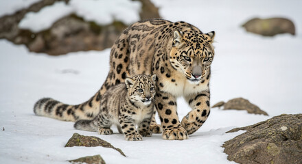 Snow leopard with cub walking on snowy mountain terrain. High altitude wildlife family behavior for conservation awareness campaigns