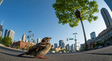Sparrow sitting on city street with urban skyline background. Urban bird adaptation to metropolitan environment for coexistence awareness campaigns