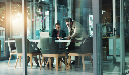 Training, business people and team with tablet in office for idea, help or financial feedback....